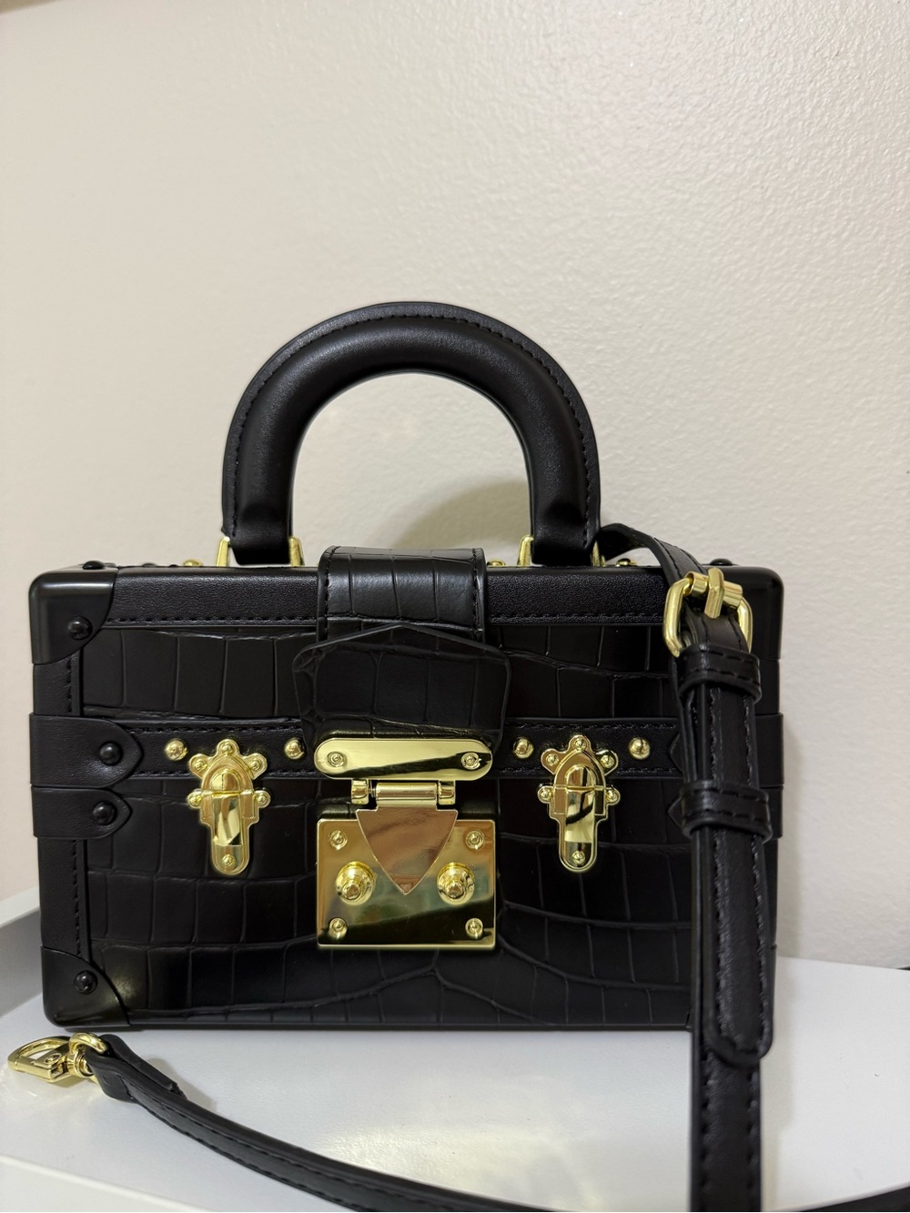 Black Structured Croc-Embossed Top Handle Trunk Bag with Gold Hardware